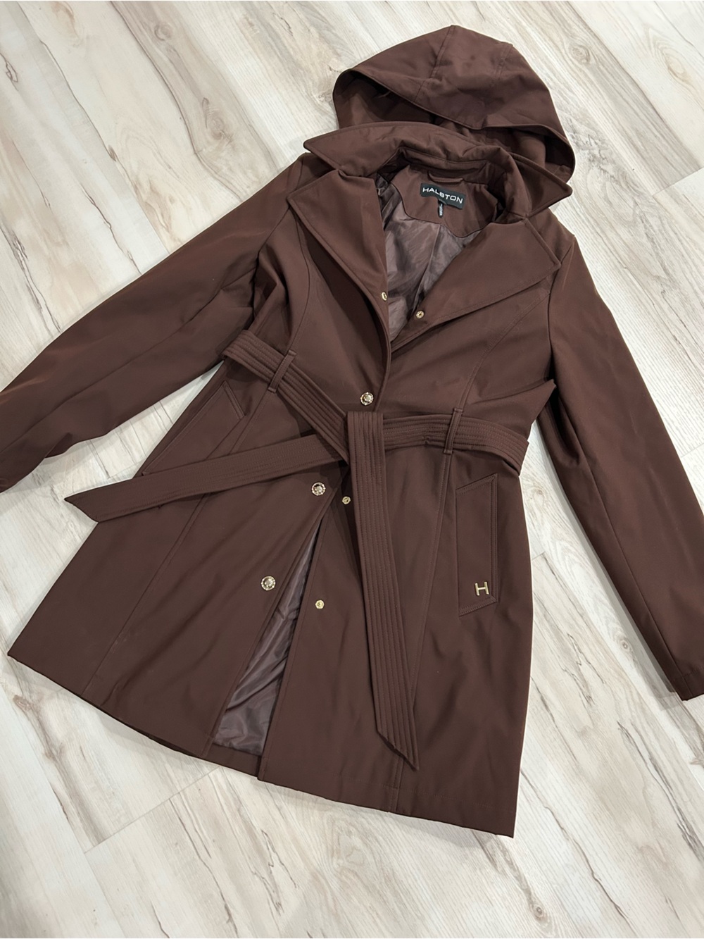 Halston Heritage Chocolate Brown Hooded Belted Trench Coat